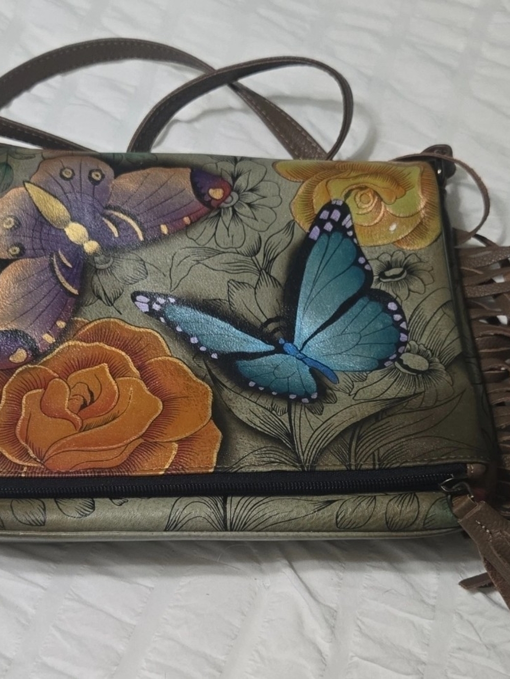 Anuschka Teal Butterfly & Orange Rose Crossbody Bag